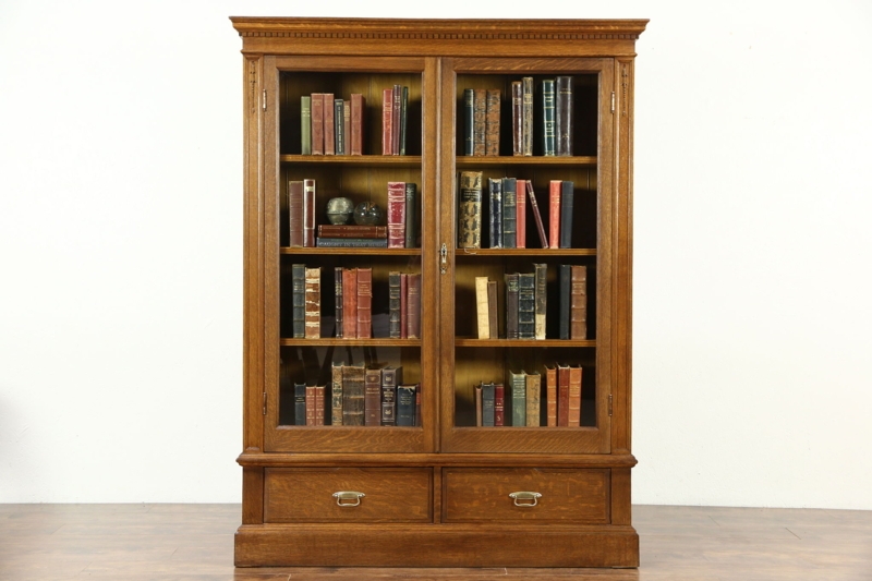 Antique Bookcase, Dentil Molding, Bracket Base, Glass Doors