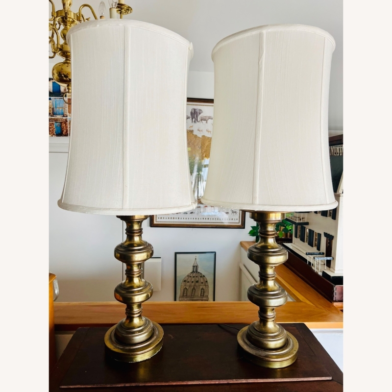 Antique Brass Table Lamp Pair with Tall Imperial Drum Shades