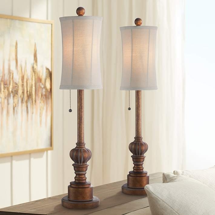 Antique Bronze Buffet Lamps Set: Ribbed Fabric Shade Detail (63 chars)