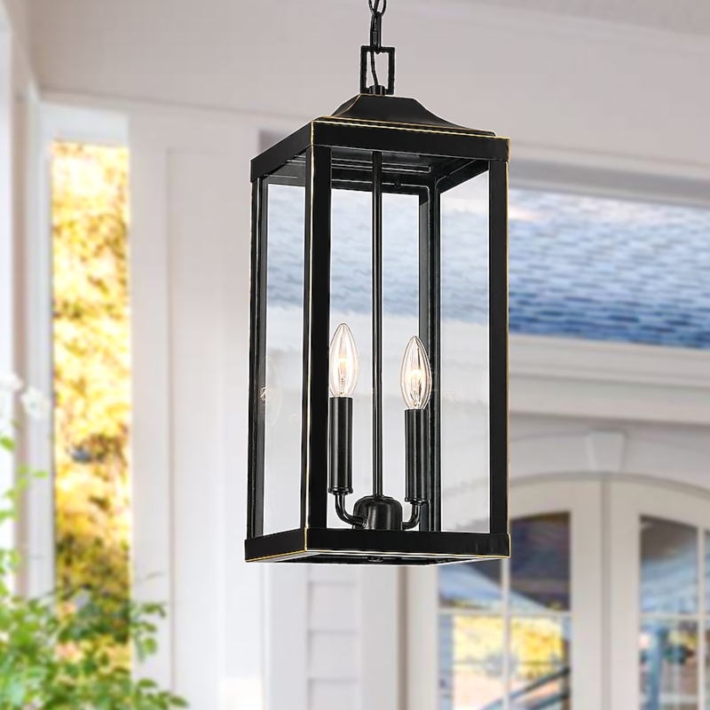 Antique Bronze Rectangular Pendant, Gold Trim Transitional Outdoor Lantern.
