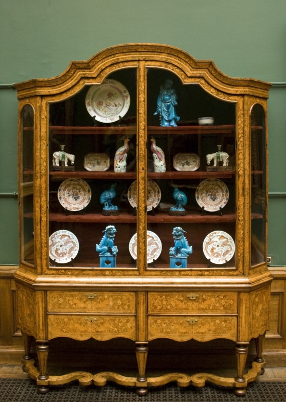 Antique China Cabinet with Floral Marquetry Inlay and Arched Top
