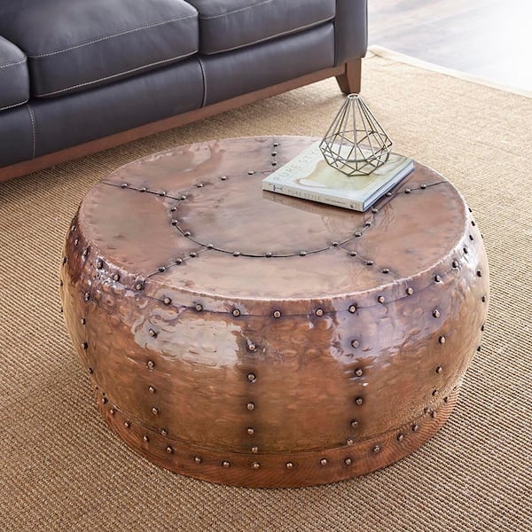 Antique Copper Coffee Table, Riveted Drum with Paneled Top Design