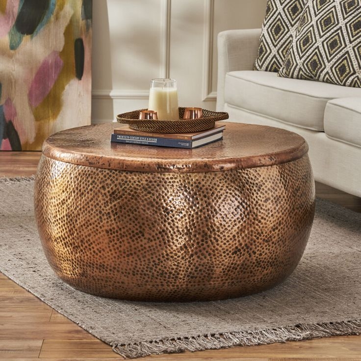 Antique Copper Storage Coffee Table, Hammered Dimpled Drum with Lid