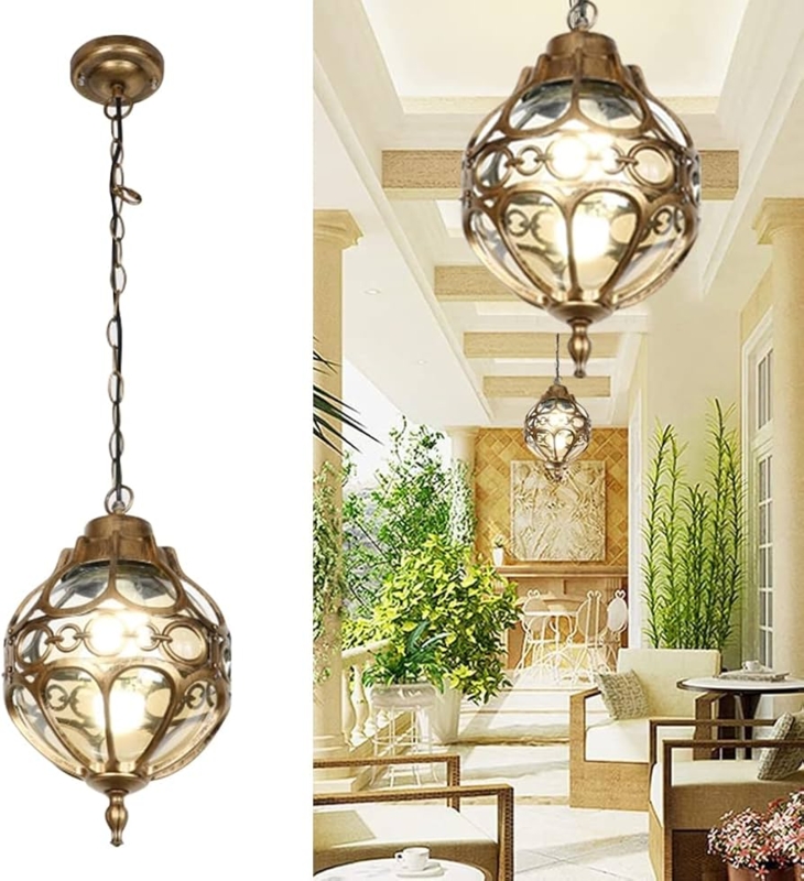 Antique Gold Filigree Globe Pendant, Vintage Mediterranean Patio Chandelier.
