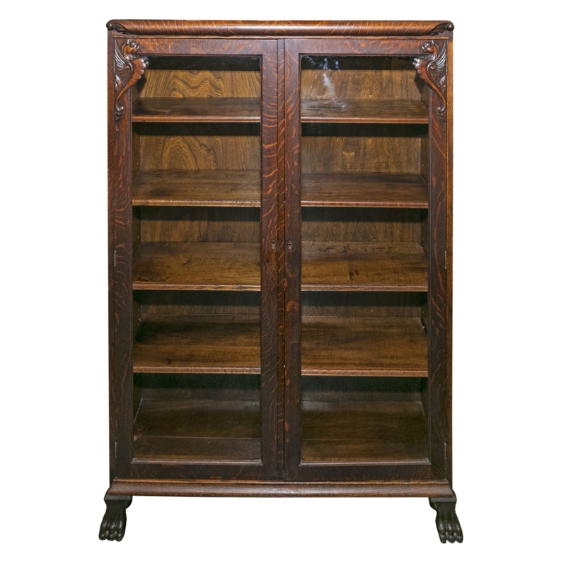 Antique Oak Bookcase, Carved Griffin Details, Paw Feet