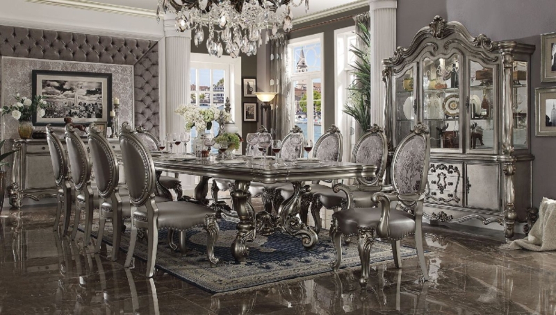 Antique Platinum 7pc Dining Set Double Pedestal Table & Carvings
