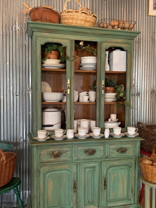 Antique Sage Green Storage Hutch With Arched Glass Doors
