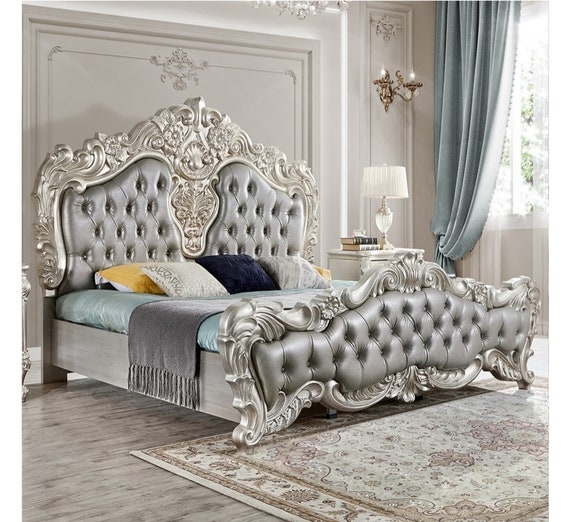 Antique Silver Carved Bed: Royal French Style with Slate Gray Tufting