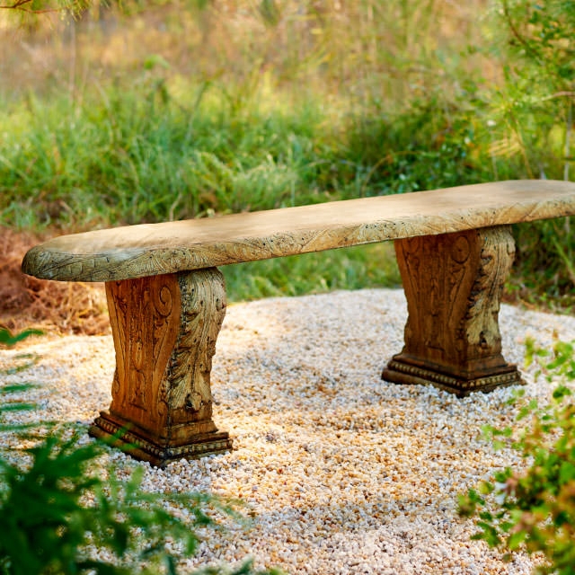 Antique Style Garden Bench: Carved Pedestals, Weathered Finish.