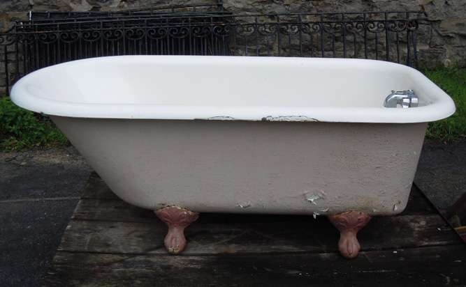 Antique Victorian Clawfoot Bathtub with Distressed Cream Finish & Red Feet