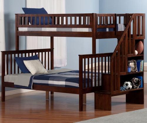 Antique Walnut Mission Style Bunk Bed with Stairway Entry and Shelving