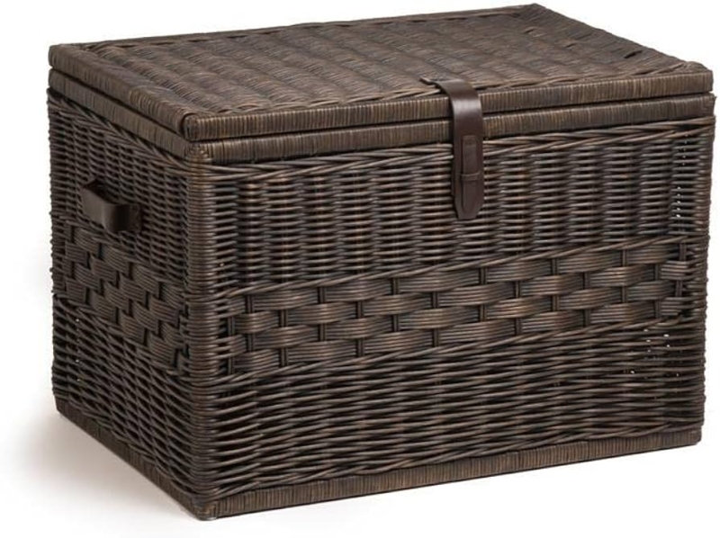 Antique Walnut Rattan Storage Trunk with Leather Strap Latch