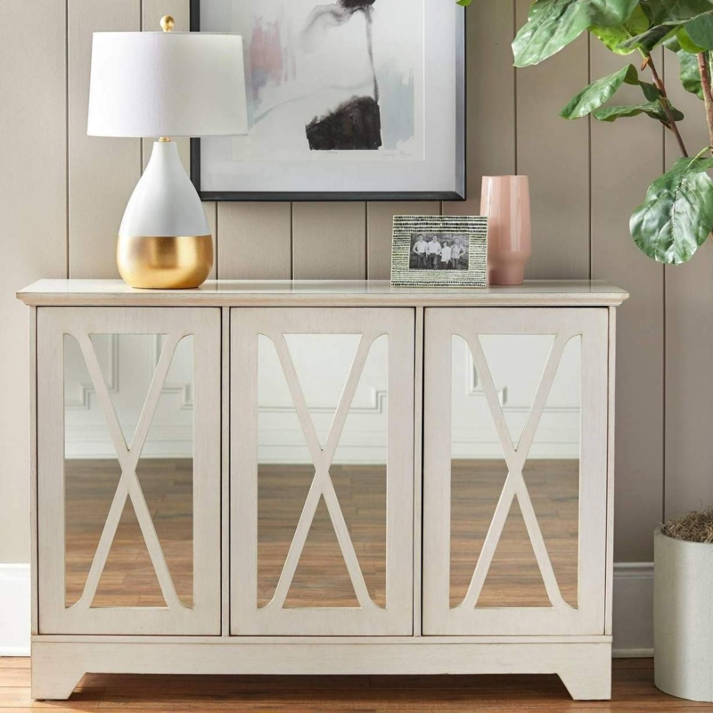 Antique White Buffet Console with X-Mullion Overlay and Block Feet