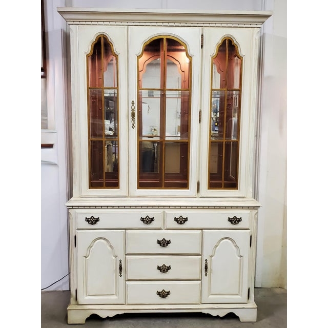 Antique White China Cabinet with Distressed Finish and Arched Glass