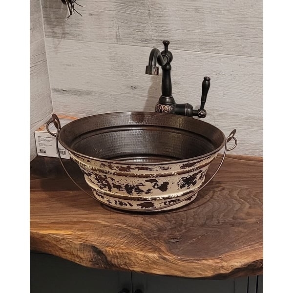 Antique White Distressed Vessel Sink, Rustic Copper Bucket Basin Design