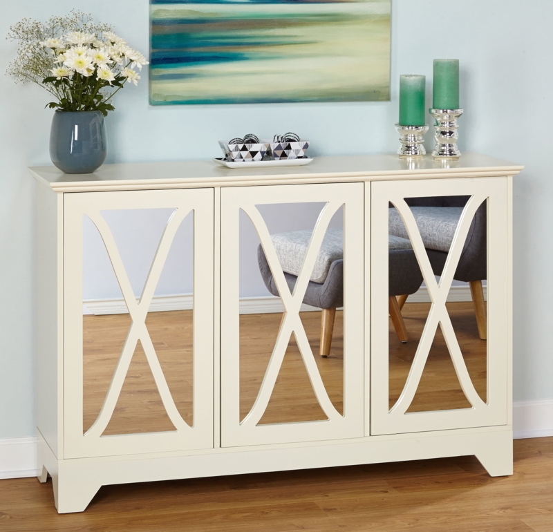 Antique White Sideboard with X-Frame Overlay and Mirrored Doors