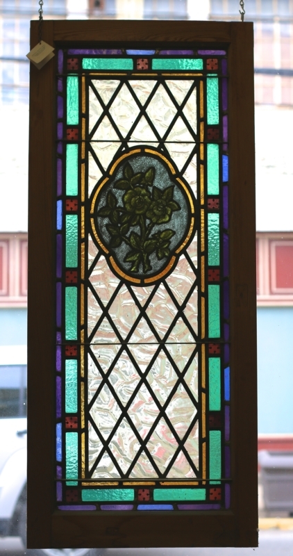 Antique Window Hanging Victorian Hand Painted Floral Diamond Lattice