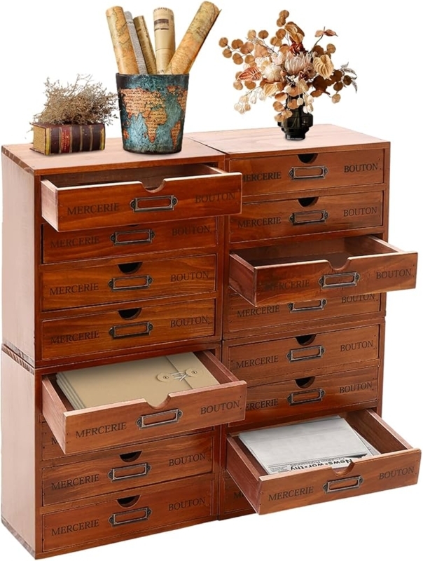 Apothecary Cabinet Typographic Print Walnut Brown 16-Drawer Unit