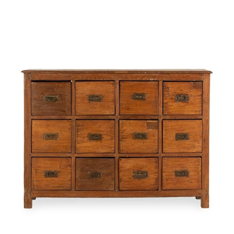 Apothecary Cabinet with Twelve Drawers and Metal Bin Pulls