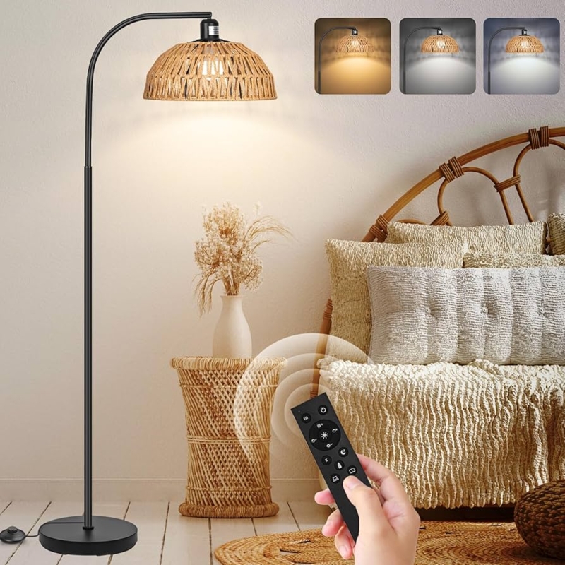 Arc Floor Lamp, Hand-Worked Rattan Dome Shade, Remote Controlled
