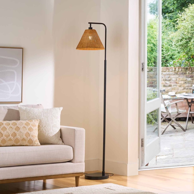 Arc Floor Lamp, Matte Black Curved Neck Arm, Woven Conical Shade