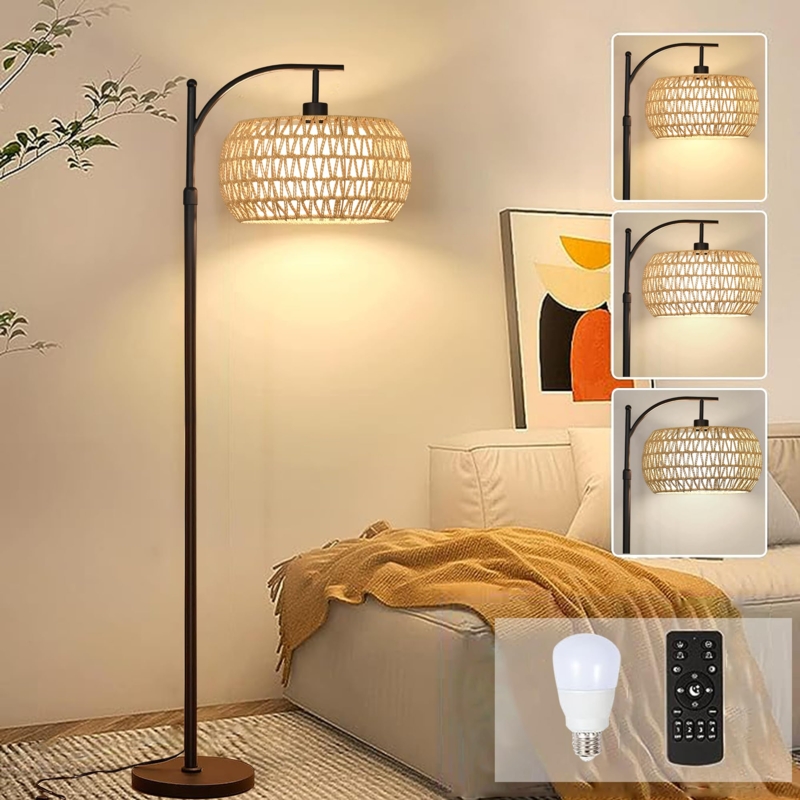 Arc Floor Lamp, Remote Control Dimmable Rattan Shade, Black Finish