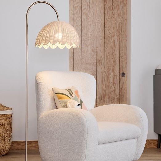 Arc Floor Lamp, Scalloped Rattan Shade, Warm Brass Curved Arm