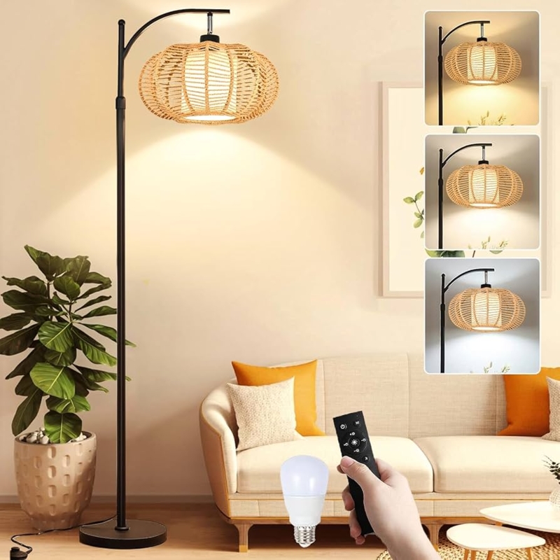 Arc Floor Lamp with Remote, Dimmable LED Woven Lattice Shade