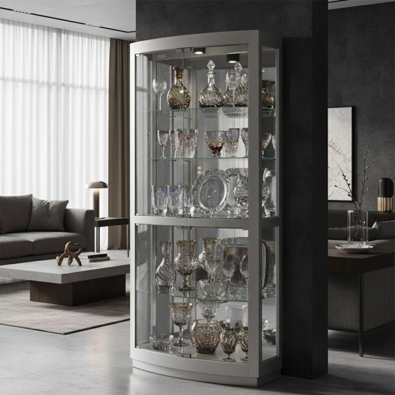 Arched Curio Cabinet Mirrored Back Metallic Silver Finish Lighted Case