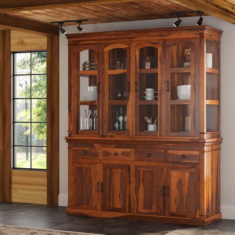Arched Display Cabinet With Stepped Crown Molding Detail