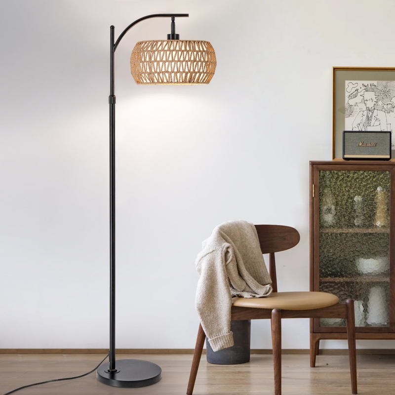 Arched Floor Lamp, Slender Black Pole, Woven Rattan Drum Shade