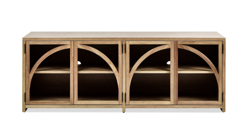 Arched Front TV Stand, Natural Brown Media Cabinet, Four Doors.