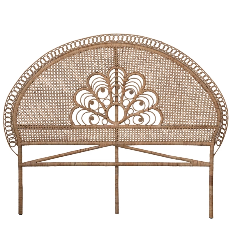 Arched Headboard Natural Tan Sunburst Scrollwork Woven Cane King Headboard