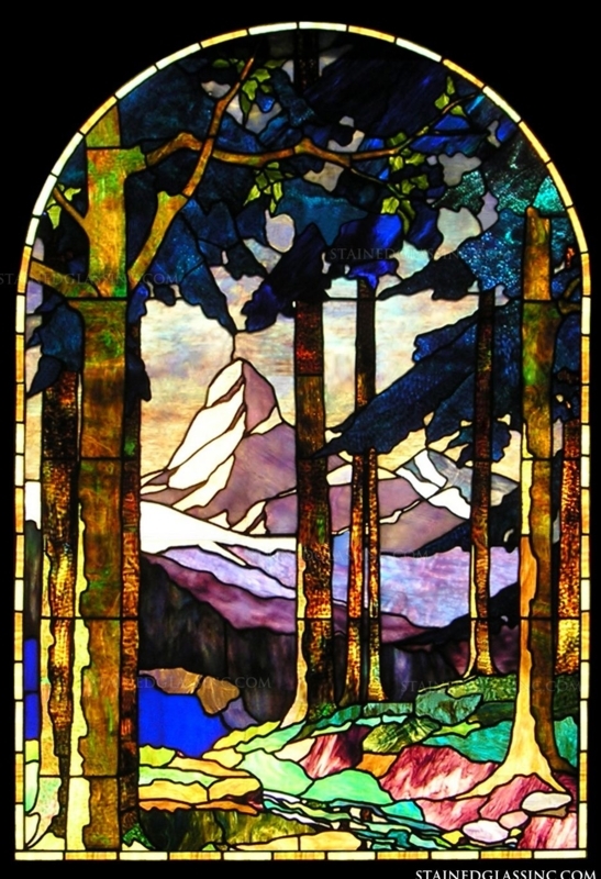 Arched Stained Glass Window, Mountain Landscape, Opalescent.