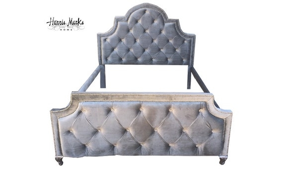 Arched Velvet Bed: Rhinestone Crystal Button Tufting & Nailhead Trim