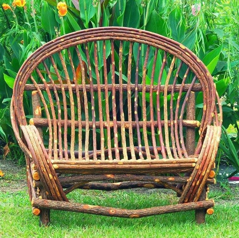 Arched Willow Bench: Prominent Backrest and Raw Bark Texture