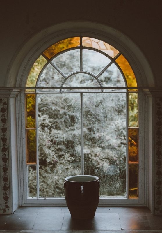 Arched Window Amber Glass Panels Deep Sill Vintage Window Sill Styling