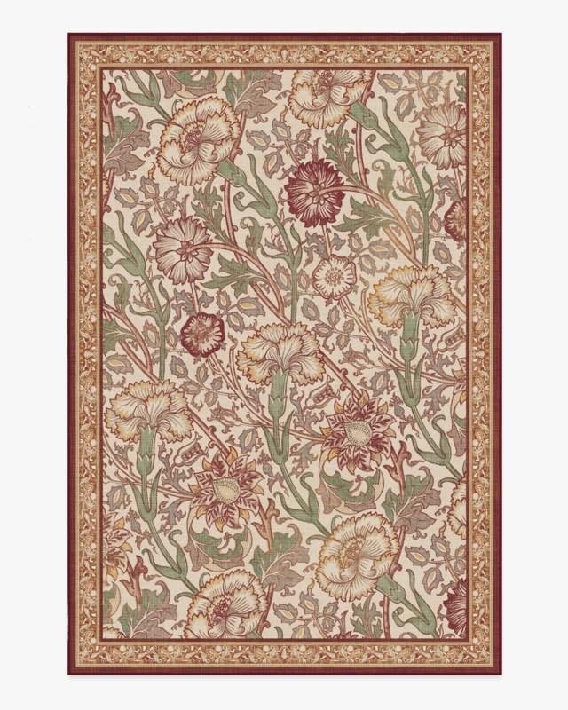 Area Rug, Arts and Crafts Botanical, Burgundy Border, Pink Rose Motif
