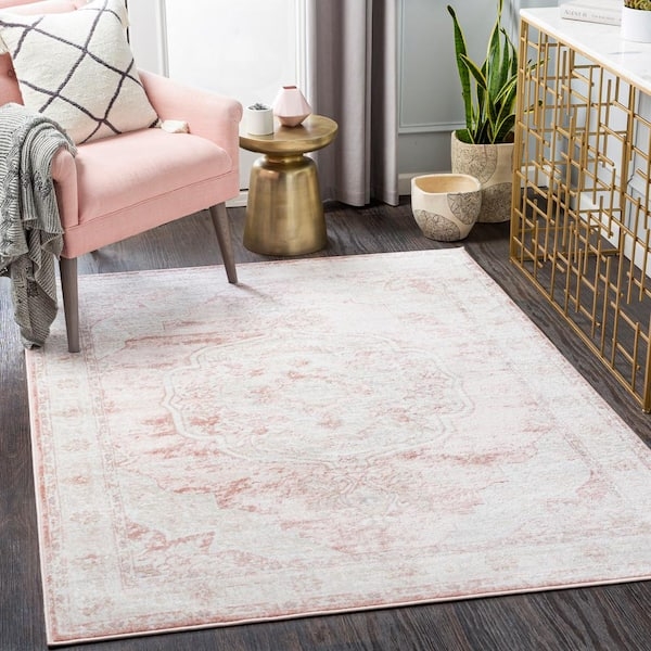 Area Rug, Distressed Rose Medallion, Bohemian Chic, Low Pile