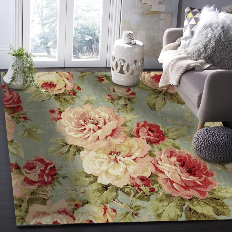 Area Rug, Distressed Sage Green, Oversized Floral Cottagecore Style
