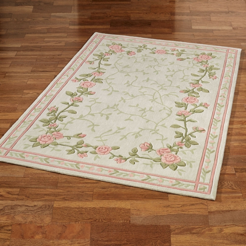Area Rug, Hand-Carved Floral, Blush Rose Border, Raised Texture