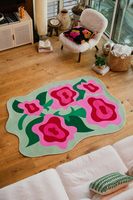 Area Rug, Irregular Shape, Wavy Scalloped Border, Graphic Rose Pattern