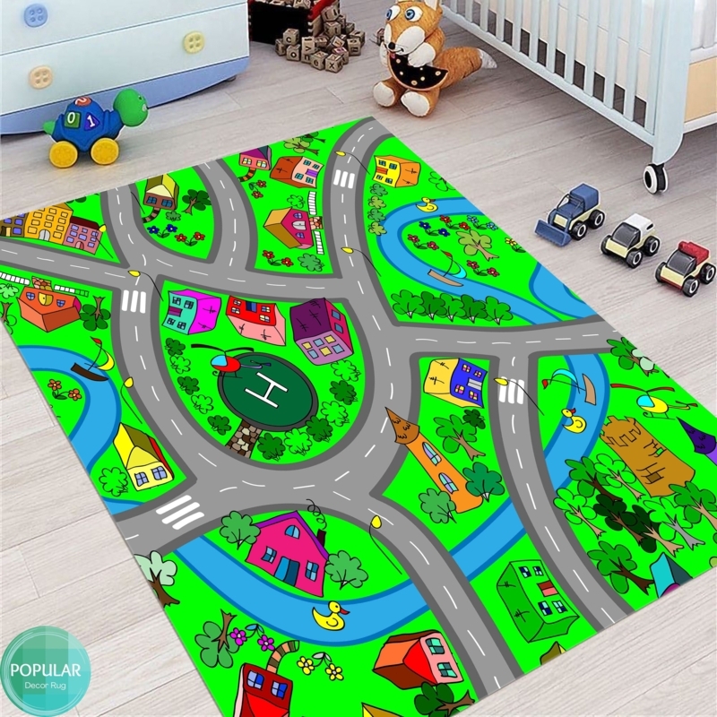 Area Rug Large Scale Cartoon City Map Nursery Traffic Rug