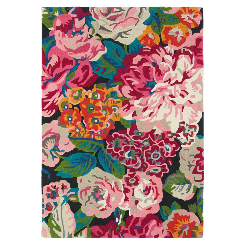Area Rug, Maximalist Vibrant Botanical, Cerise Pink, Charcoal Background