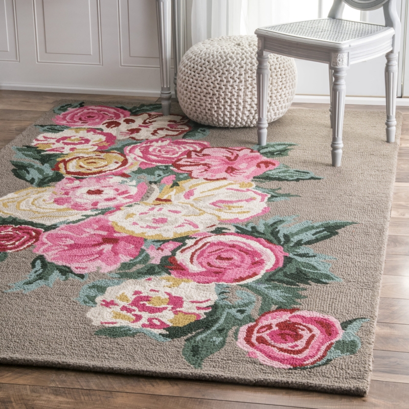 Area Rug, Oversized Rose Bouquet, Wool Hooked Weave, French Country