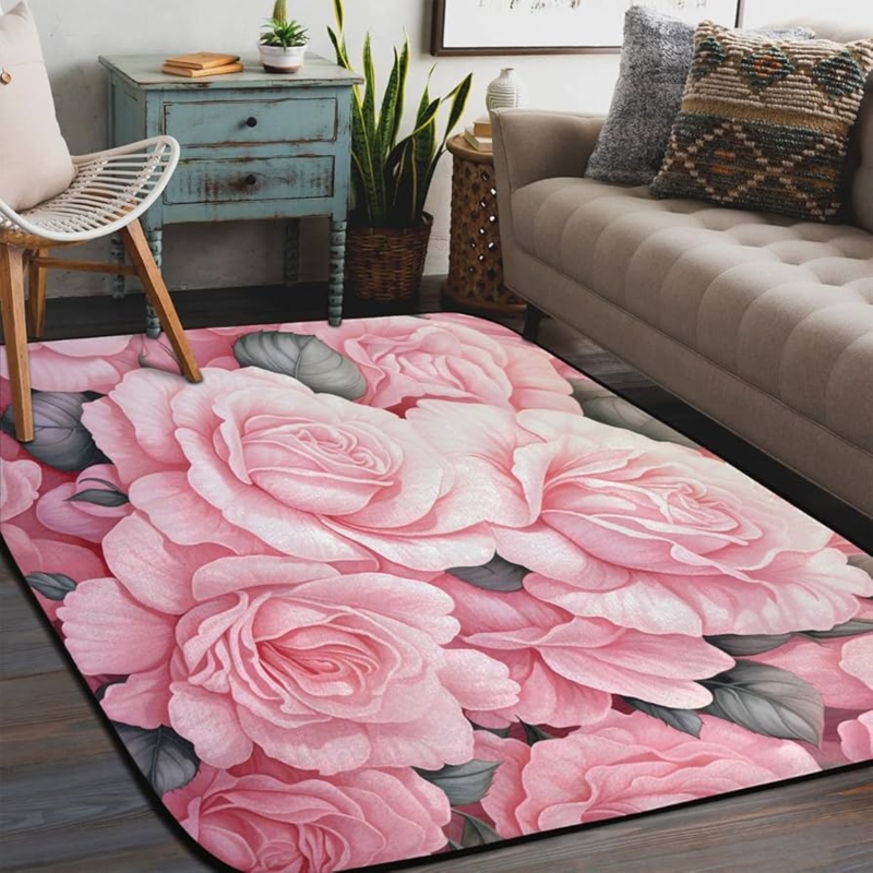 Area Rug, Photorealistic Rose Print, Rounded Corners, Romantic Eclectic