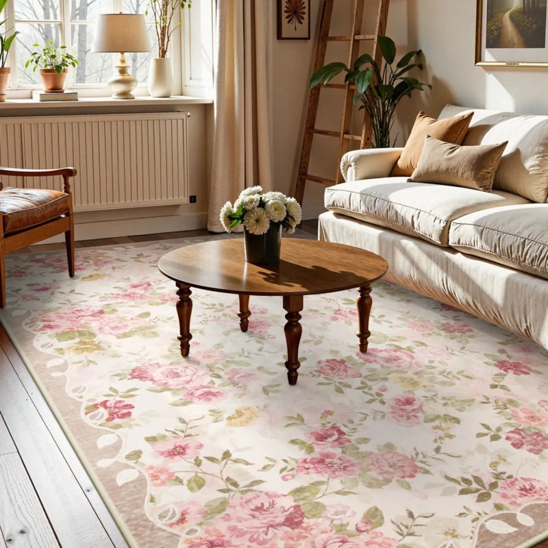 Area Rug, Romantic Rose Garden, Scalloped Border Detail, Low Pile