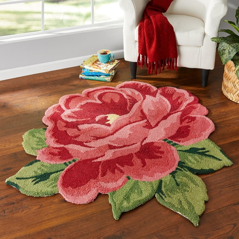 Area Rug, Rose Shaped, Die Cut Edge, Hooked Looped Pile, Crimson Pink