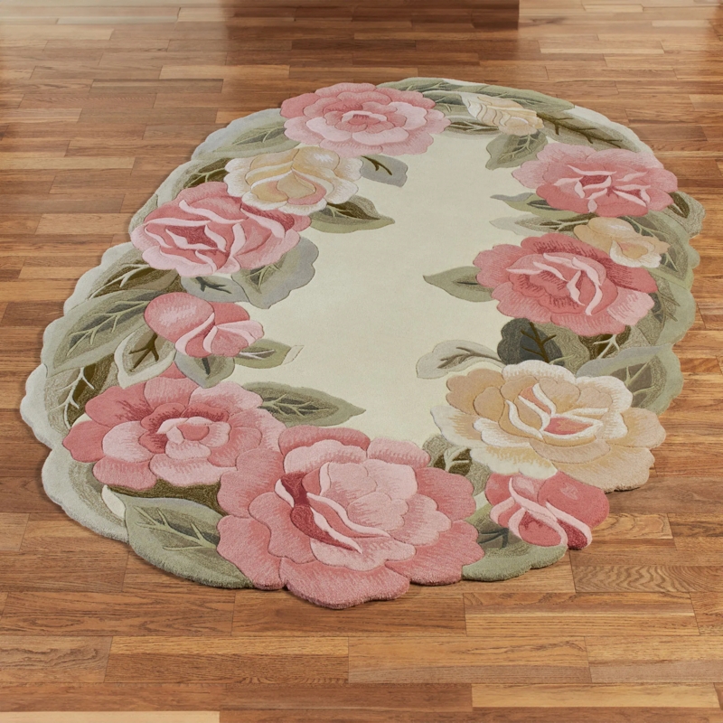 Area Rug, Sculpted Floral Relief, Oval Shape, Scalloped Border