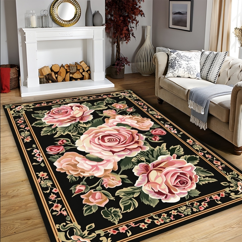 Area Rug, Traditional Rose Border, Oversized Floral, Black Base